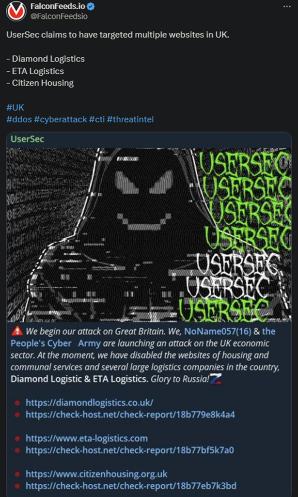 X showing the UserSec attack on the UK