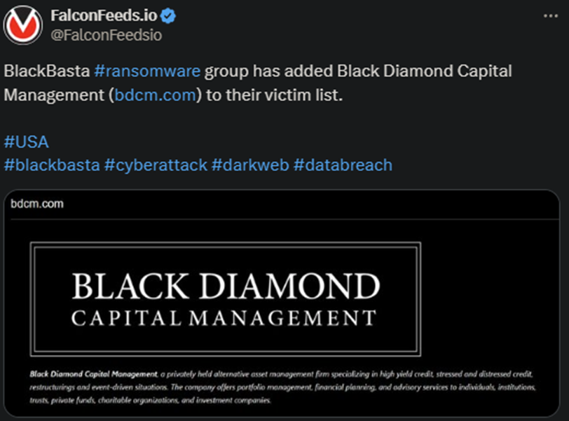 X showing the BlackBasta attack on Black Diamond Capital Management