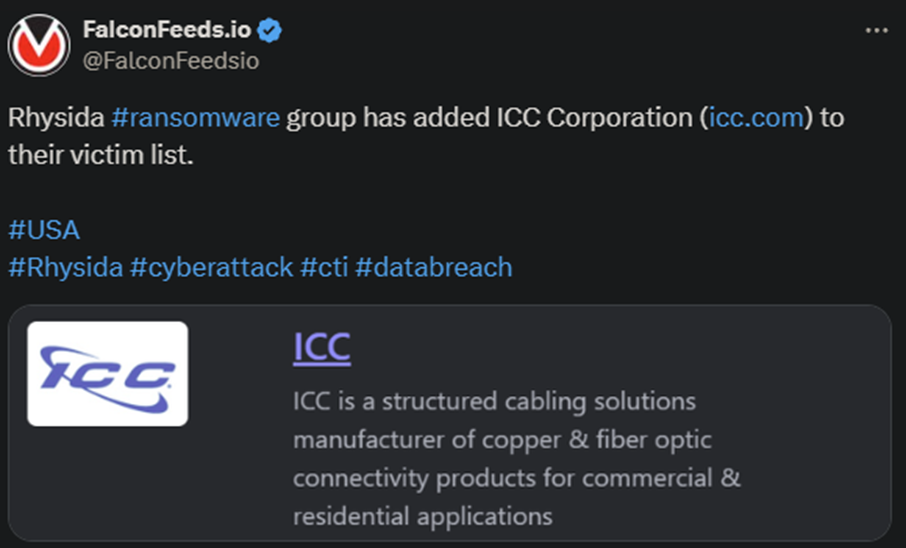 X showing the Rhysida attack on the ICC Corporation