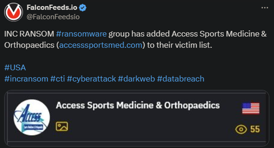 X showing the INC RANSOM attack on Access Sports Medicine & Orthopaedics