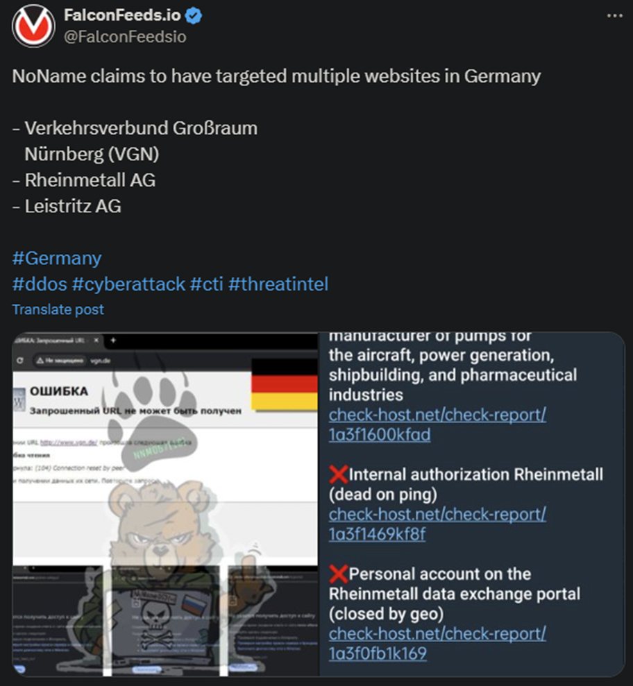 X showing the NoName attack on the German websites