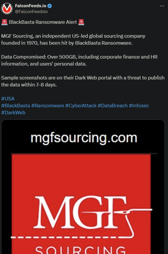 X showing the BlackBasta ransomware attack on MGF Sourcing