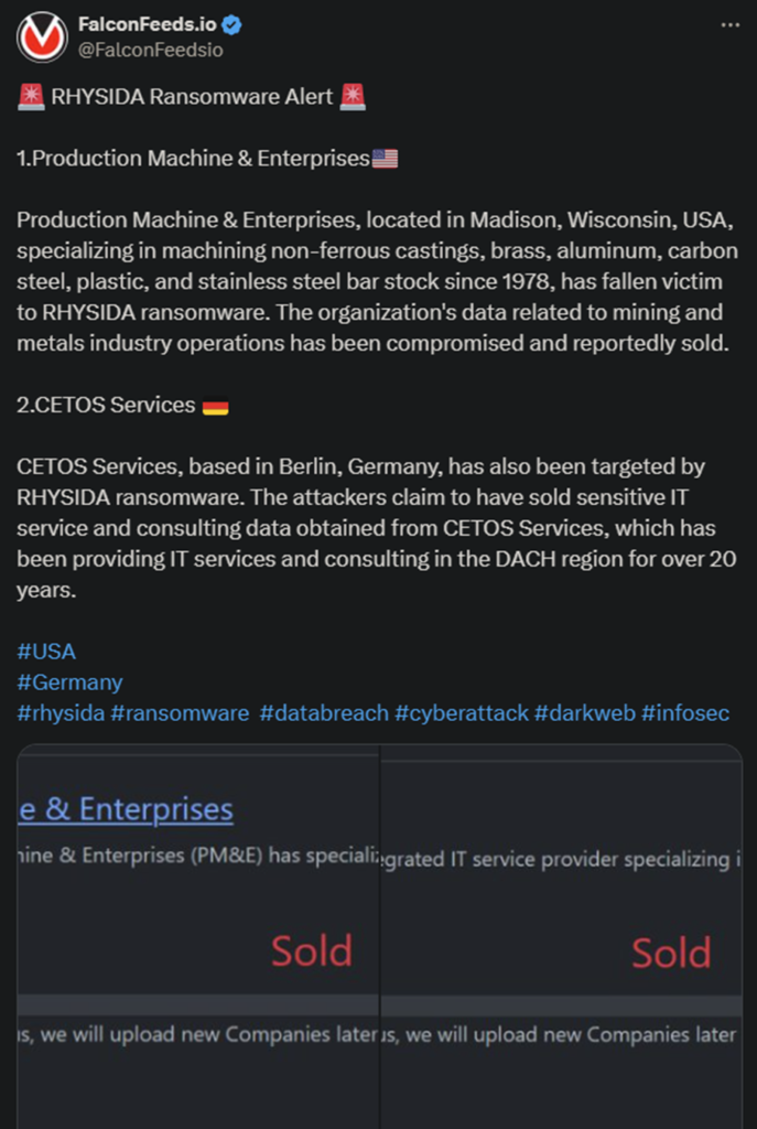 X showing the Rhysida ransomware attack on the two companies