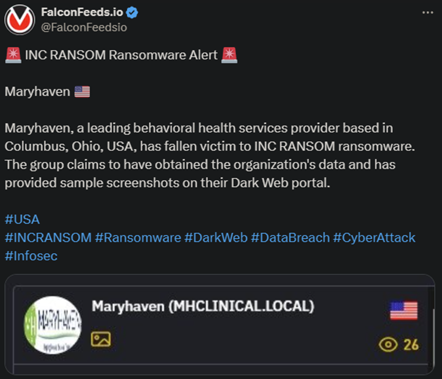 X showing the INC RANSOM attack on Maryheaven