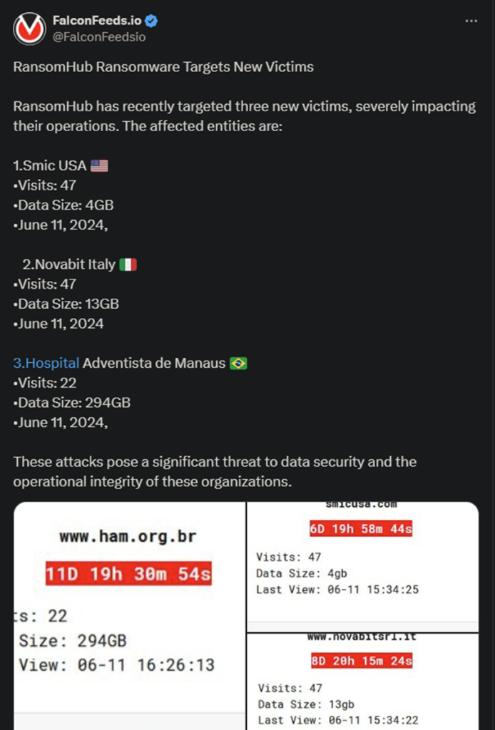 X showing the RansomHub attack on the new victims