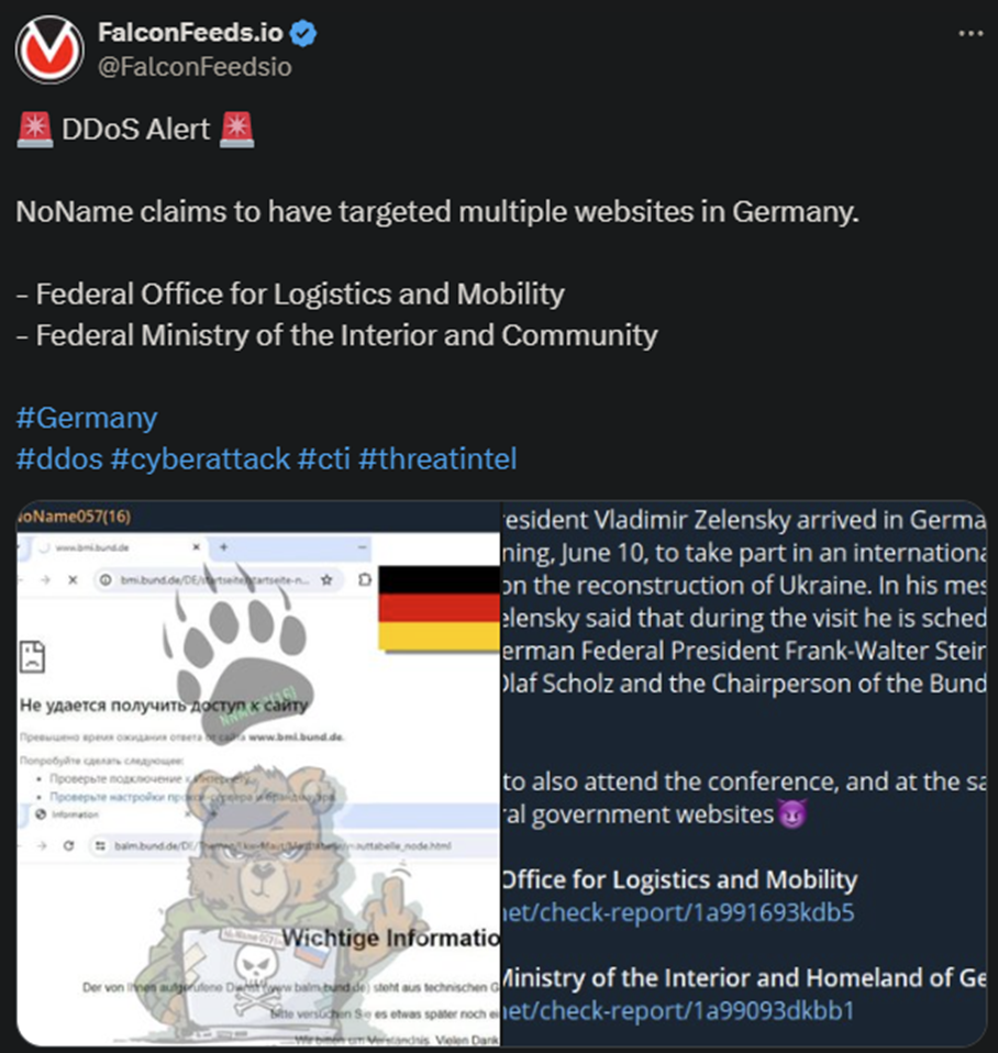 X showing the NoName attack on the German websites