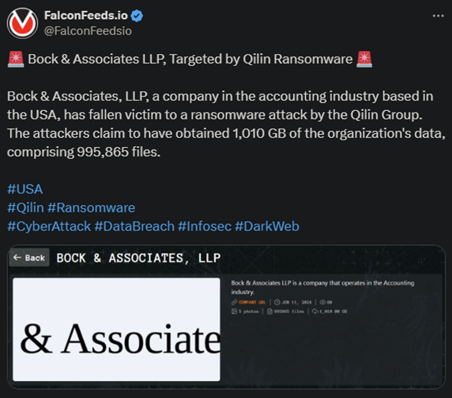 X showing the Qilin Ransomware attack on Bock & Associates, LLP