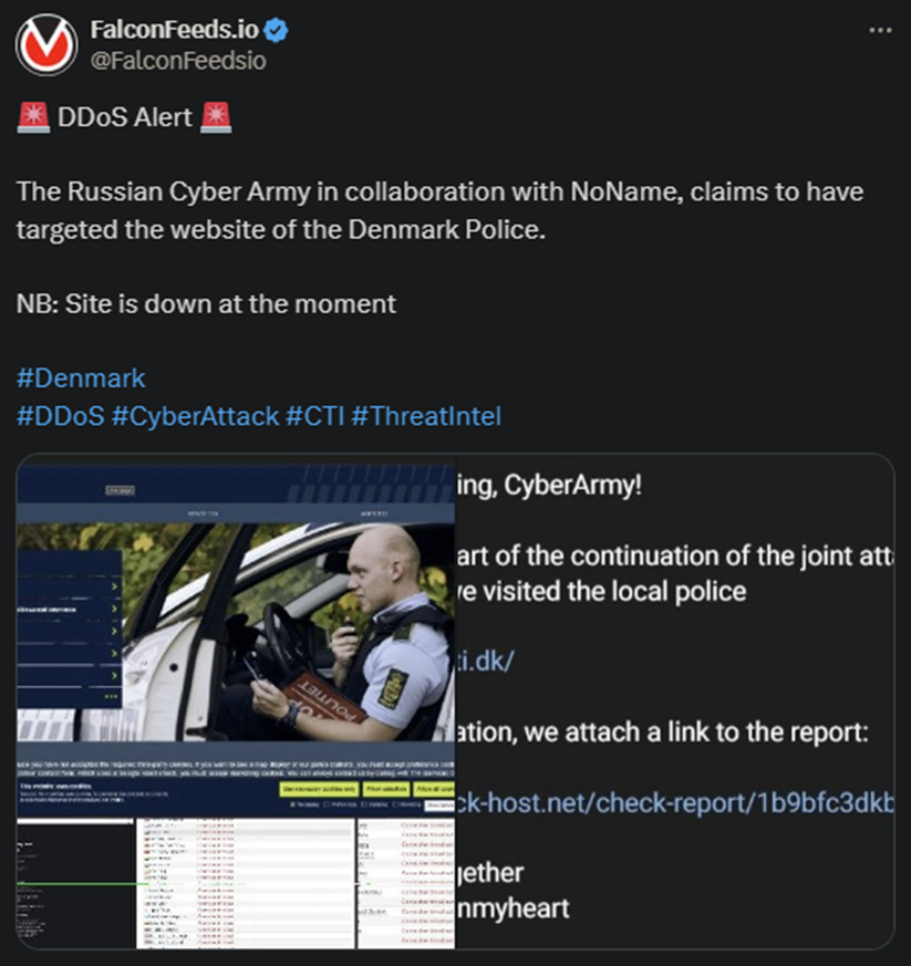 X showing the Russian Cyber Army and NoName attack on the Denmark police