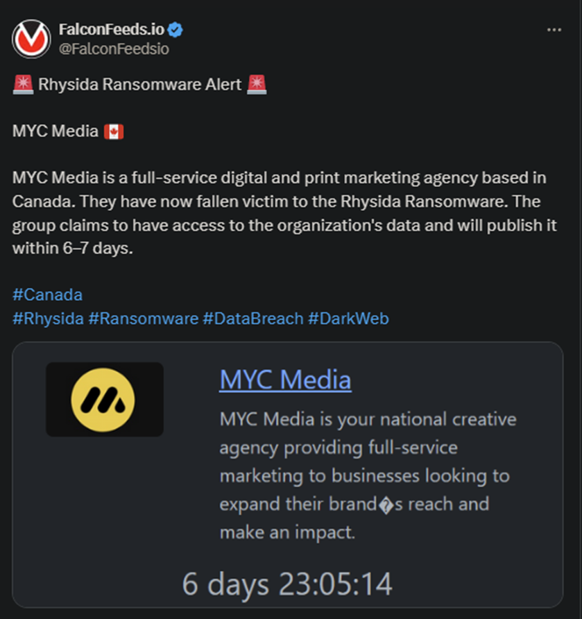 X showing the Rhysida ransomware attack on MYC Media