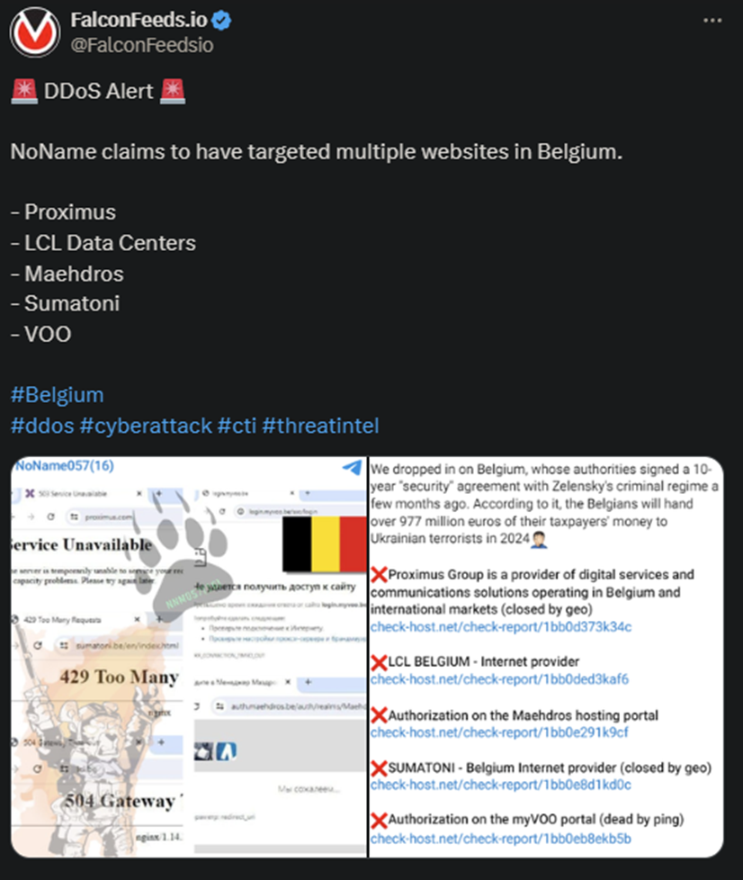 X showing the NoName attack on the Belgian websites