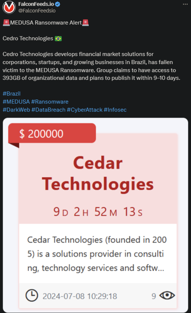 X showing the Medusa Ransomware attack on Cedro Technologies