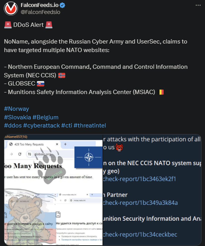 X showing the NoName, Russian Cyber Army, and UserSec attack on NATO websites