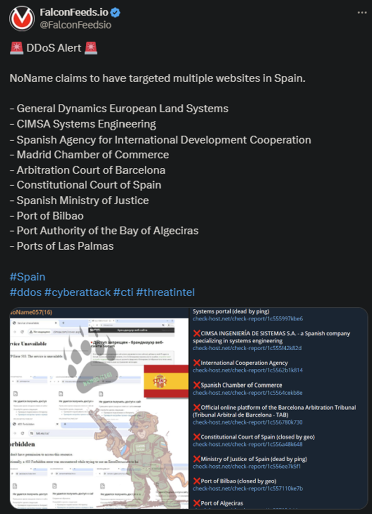 X showing the NoName attack on the Spanish sites