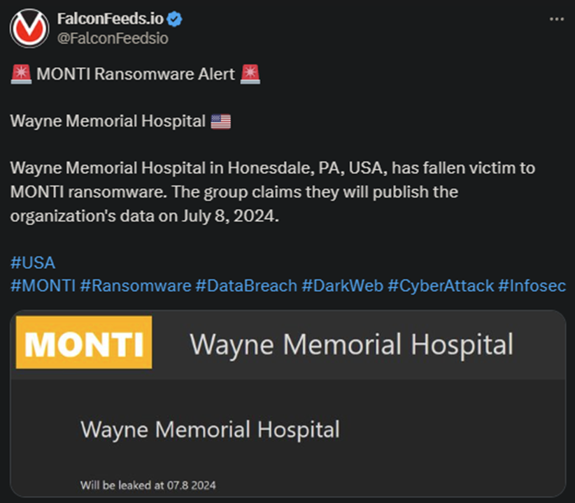 X showing the MONTI attack on Wayne Memorial Hospital